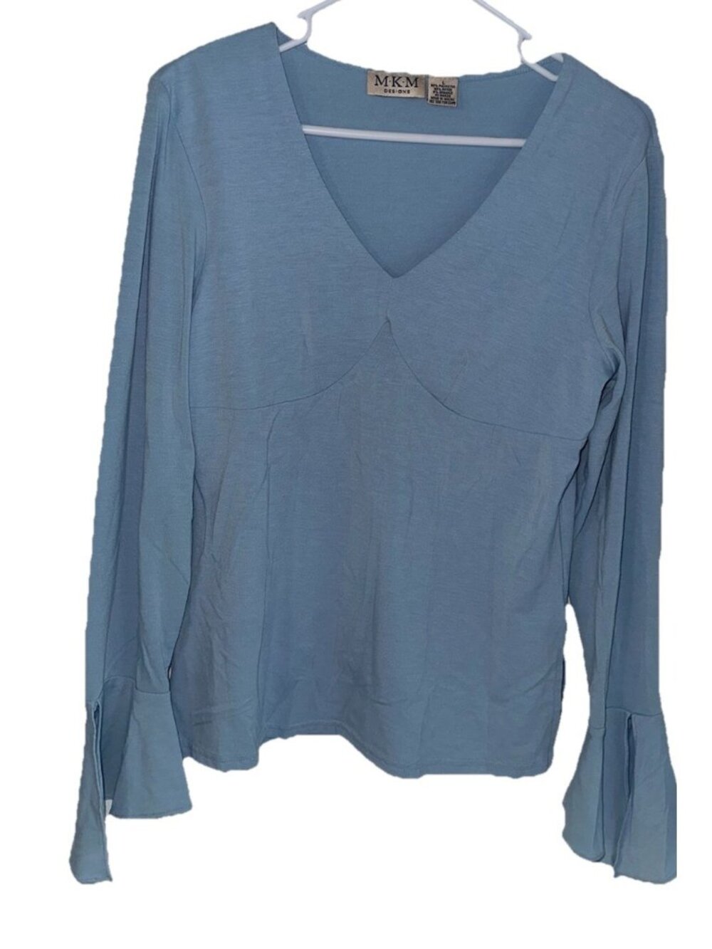 Y2K MKM Designs Babydoll Top Sz L Baby Blue Bell Sleeve Fairy Boho Phoebe Buffay